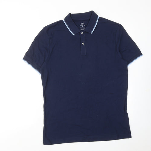 Marks and Spencer Mens Blue Cotton Polo Size M Collared Button
