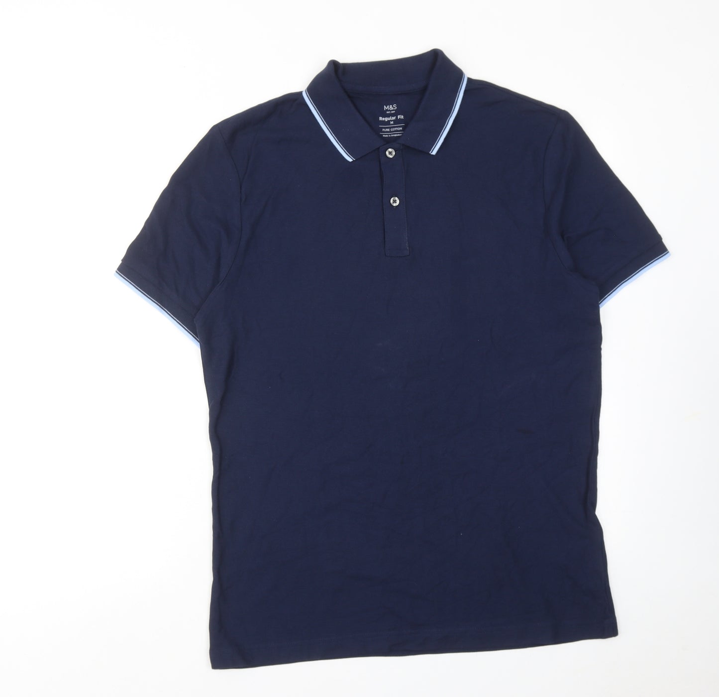 Marks and Spencer Mens Blue Cotton Polo Size M Collared Button