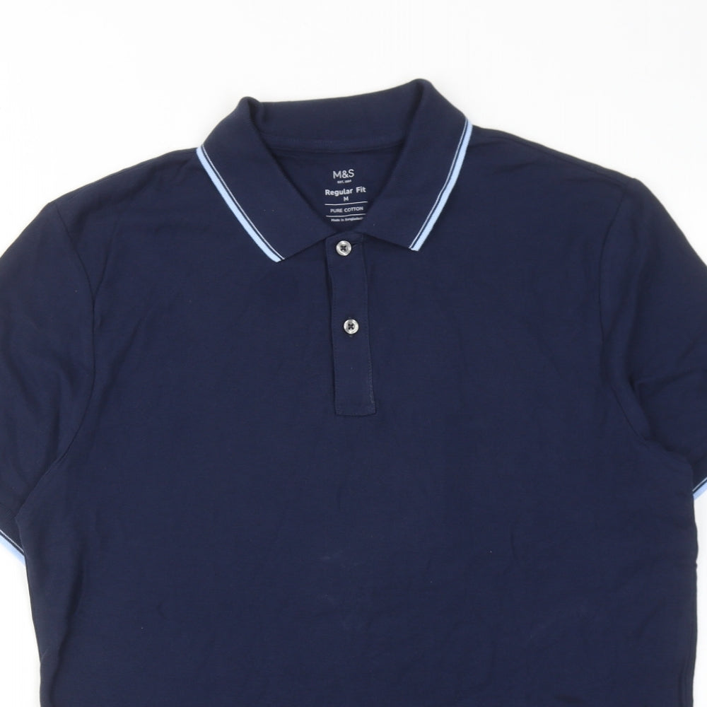 Marks and Spencer Mens Blue Cotton Polo Size M Collared Button