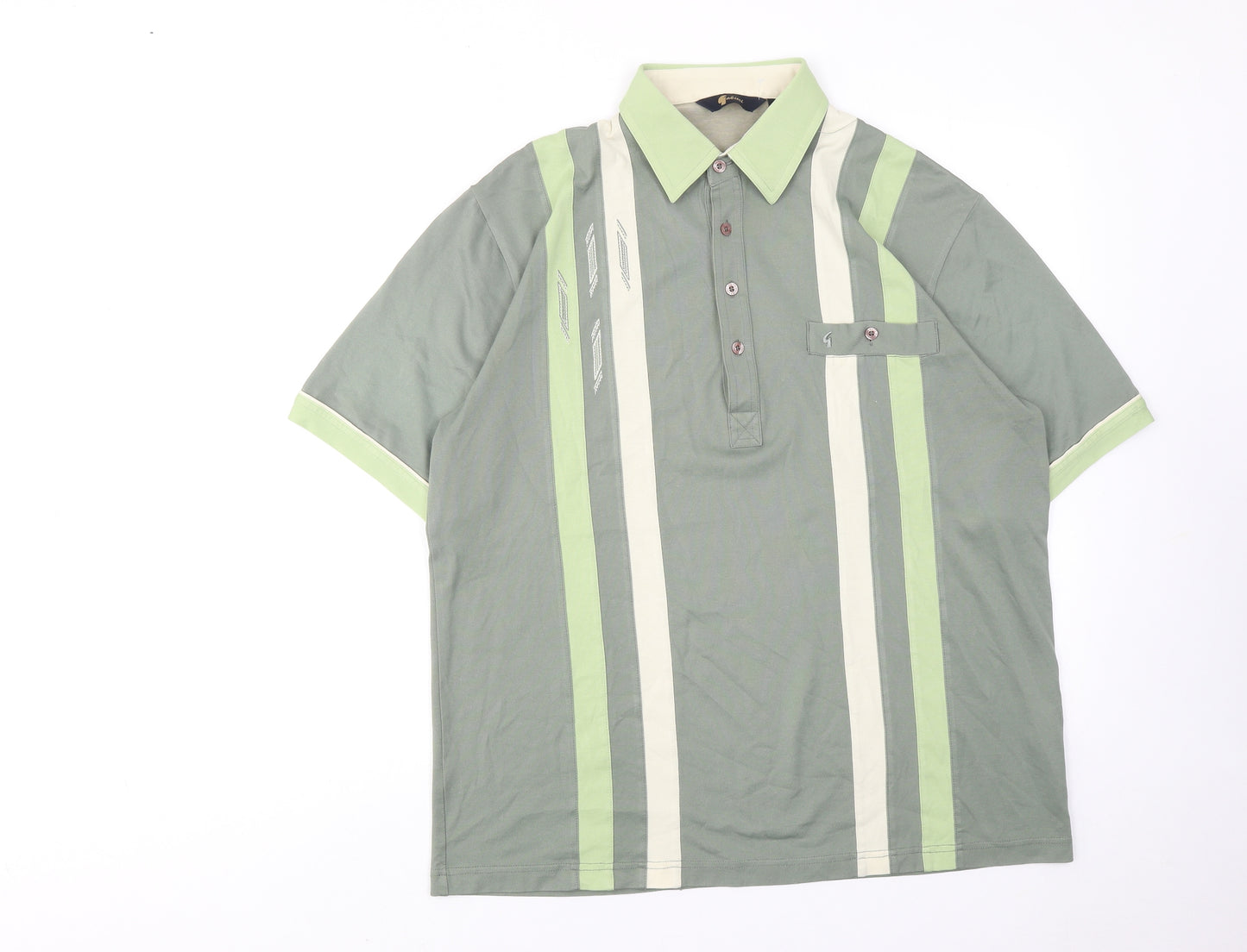 Gabicci Mens Green Colourblock Cotton Polo Size L Collared Button