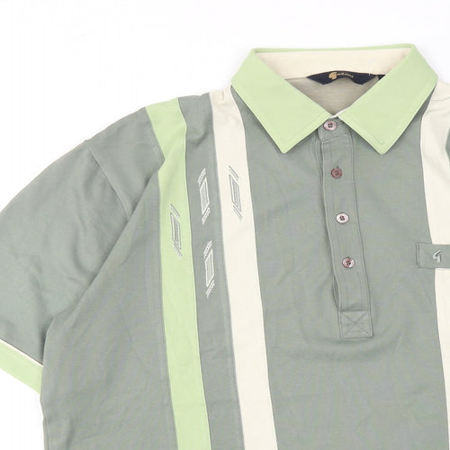 Gabicci Mens Green Colourblock Cotton Polo Size L Collared Button