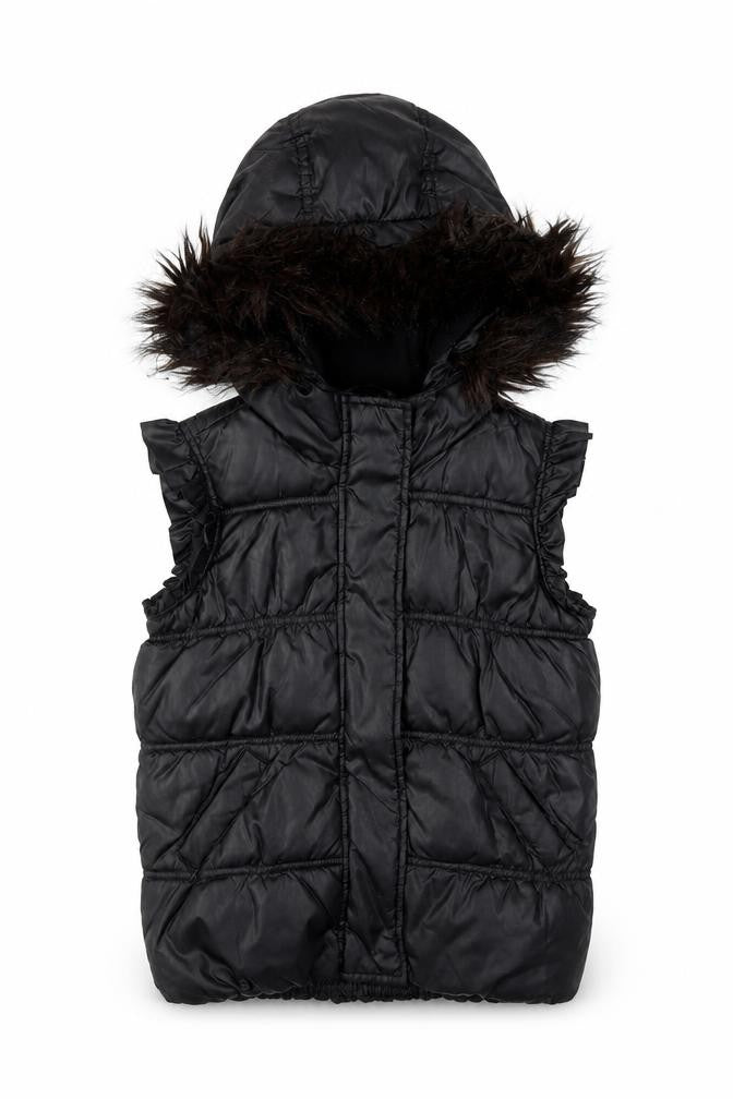 Front view of Gap girls’ black gilet jacket, size 5, years zip