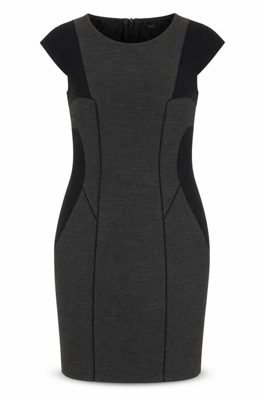 Front view of Marks & Spencer women’s grey colourblock polyester shift, size UK 10, round neck zip