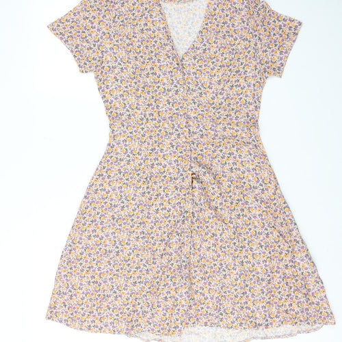 New Look Womens Purple Floral Viscose A-Line Size 10 V-Neck Button