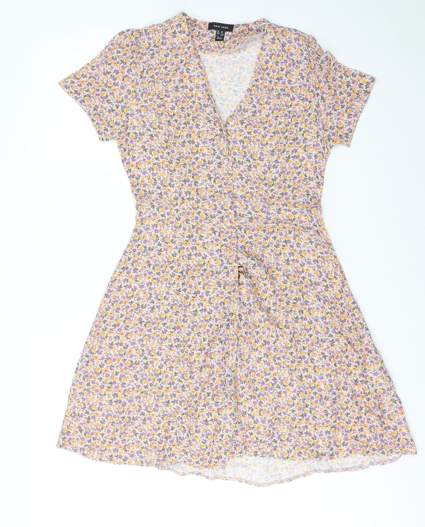 New Look Womens Purple Floral Viscose A-Line Size 10 V-Neck Button