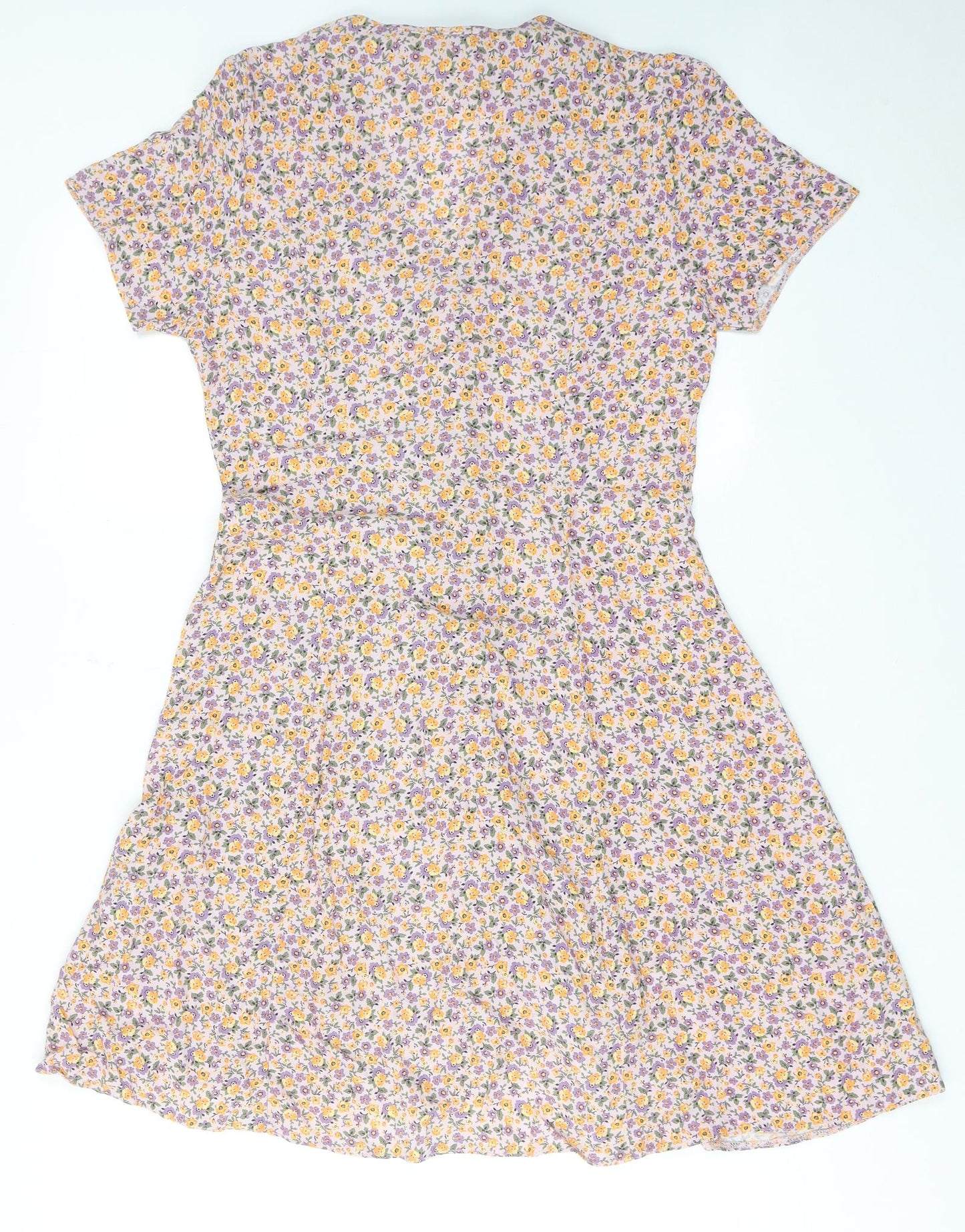 New Look Womens Purple Floral Viscose A-Line Size 10 V-Neck Button
