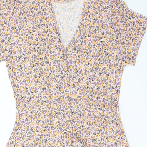New Look Womens Purple Floral Viscose A-Line Size 10 V-Neck Button
