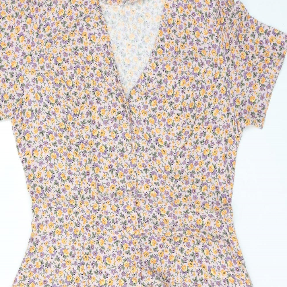 New Look Womens Purple Floral Viscose A-Line Size 10 V-Neck Button