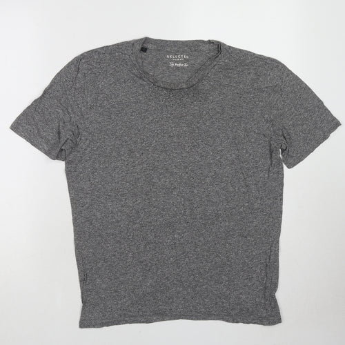 Selected Homme Mens Grey Cotton T-Shirt Size L Round Neck