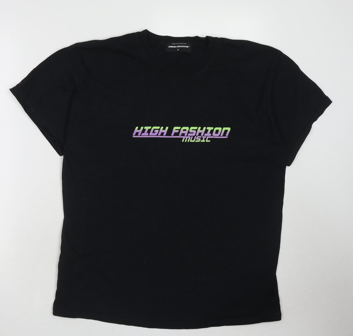 Junior Executive Mens Black Cotton T-Shirt Size L Round Neck - High Fashion Music