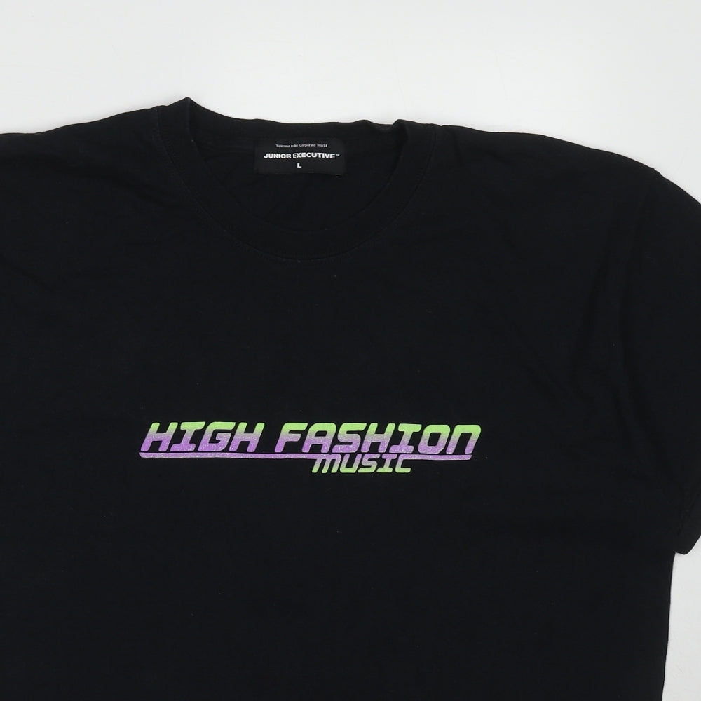 Junior Executive Mens Black Cotton T-Shirt Size L Round Neck - High Fashion Music