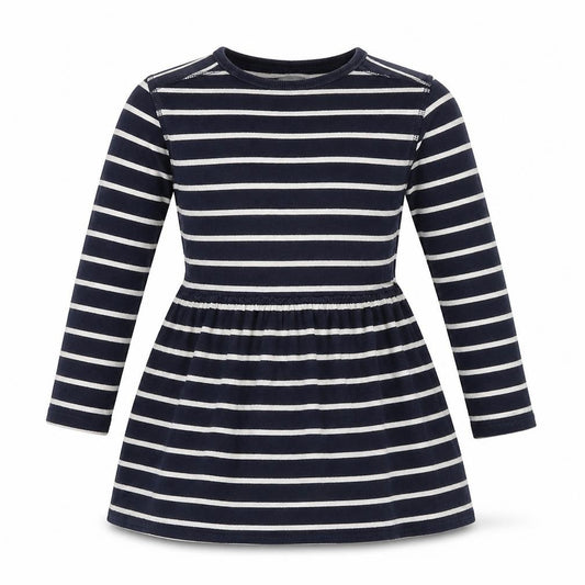 Front view of Next girls’ blue striped cotton a-line, size 5, years round neck pullover