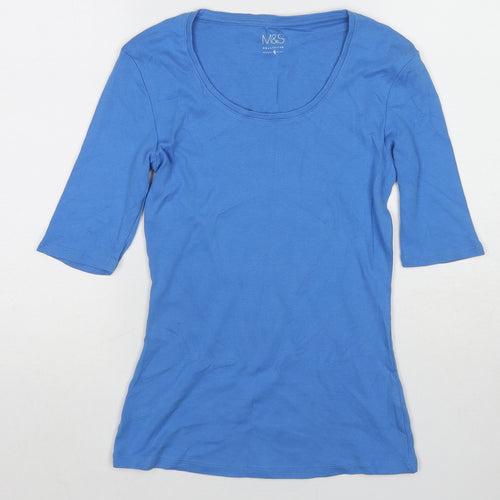 Marks and Spencer Womens Blue Cotton Basic T-Shirt Size 8 Scoop Neck