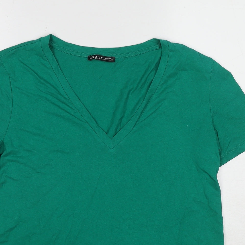Zara Womens Green Cotton Basic T-Shirt Size M V-Neck