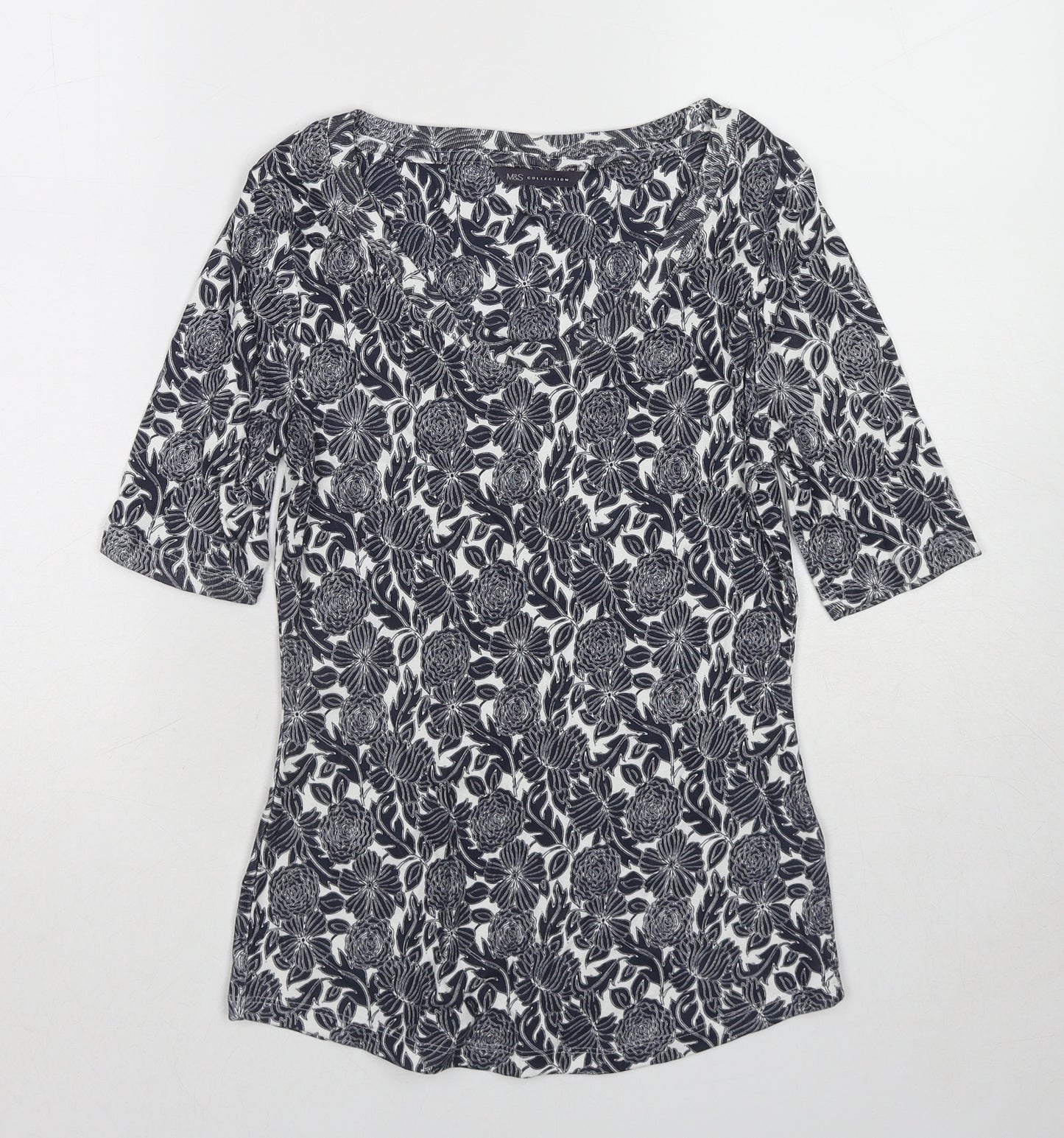 Marks and Spencer Womens Blue Floral Cotton Basic T-Shirt Size 8 Scoop Neck