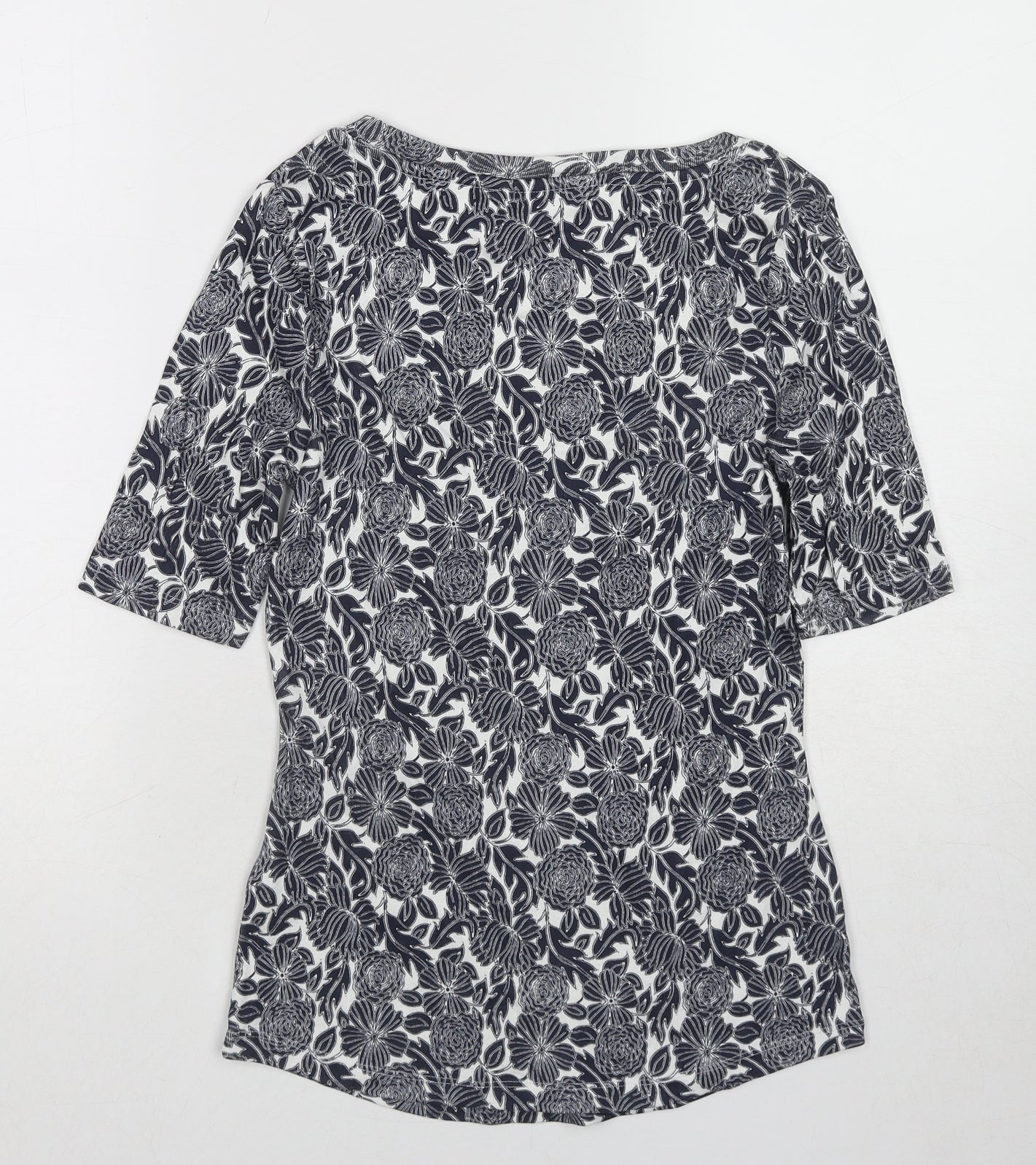 Marks and Spencer Womens Blue Floral Cotton Basic T-Shirt Size 8 Scoop Neck