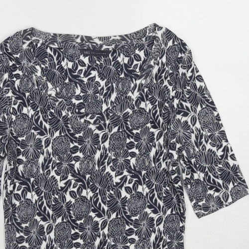 Marks and Spencer Womens Blue Floral Cotton Basic T-Shirt Size 8 Scoop Neck