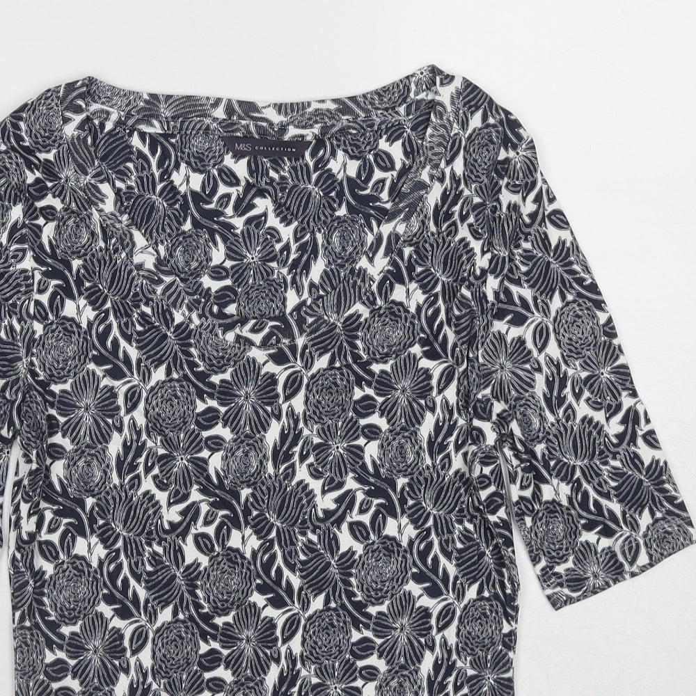 Marks and Spencer Womens Blue Floral Cotton Basic T-Shirt Size 8 Scoop Neck