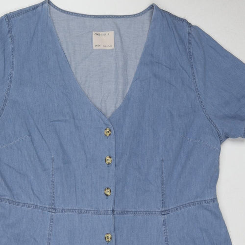 ASOS Womens Blue Cotton A-Line Size 24 V-Neck Button