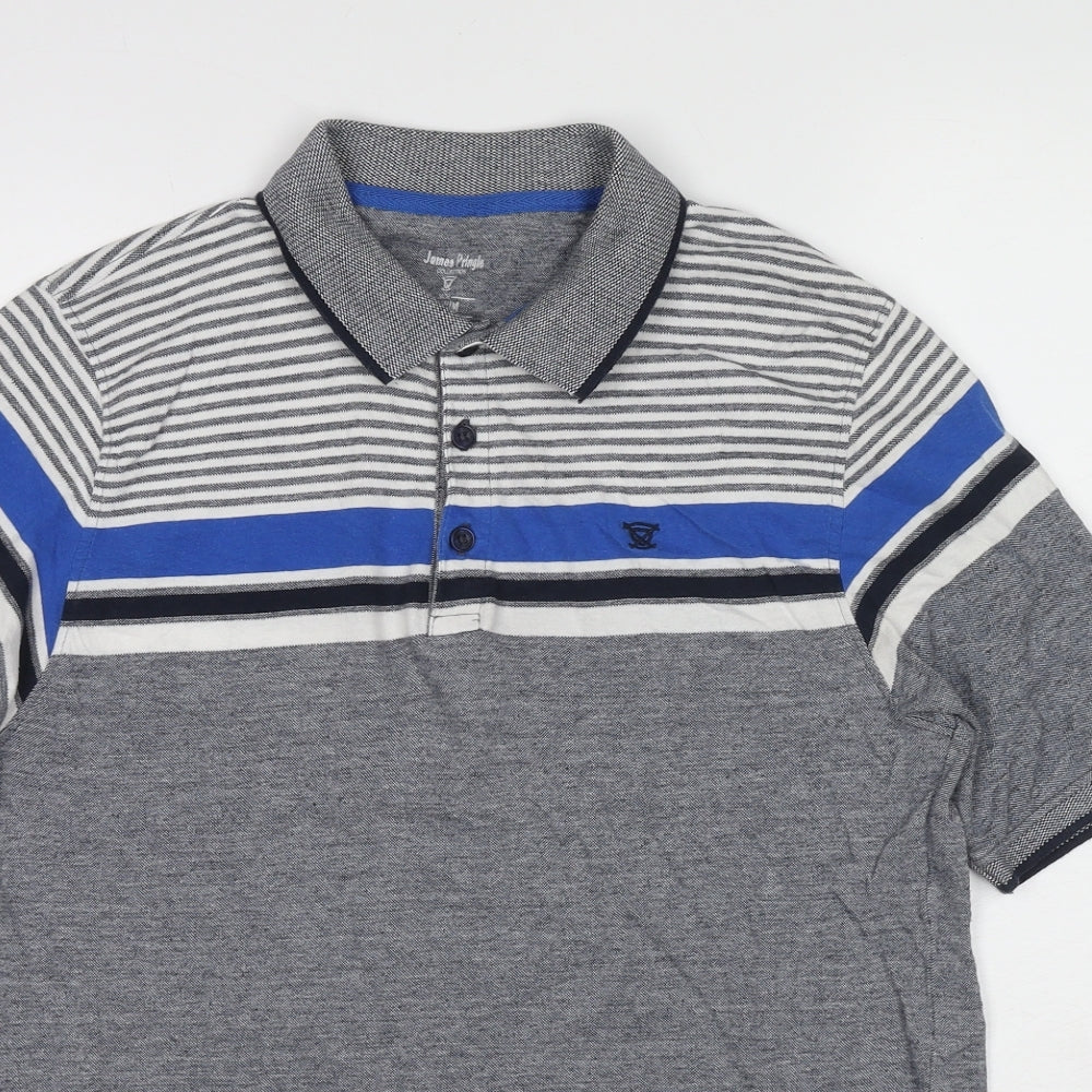 EWM Mens Grey Colourblock Cotton Polo Size M Collared Pullover