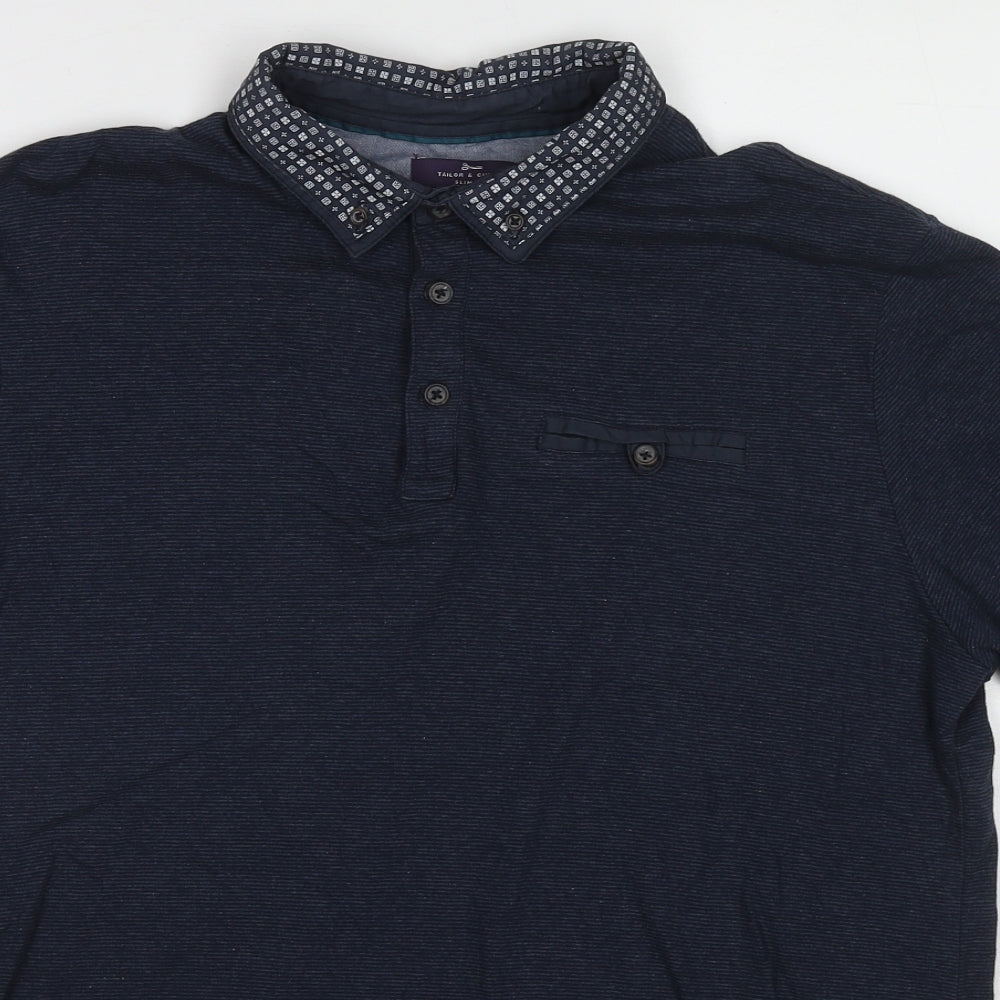 Tailor & Cutter Mens Blue Cotton Polo Size L Collared Pullover