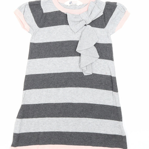 H&M Girls Grey Striped Cotton A-Line Size 3-4 Years Round Neck Pullover