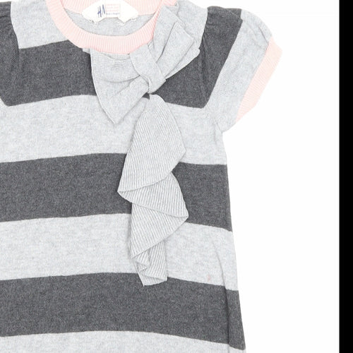 H&M Girls Grey Striped Cotton A-Line Size 3-4 Years Round Neck Pullover