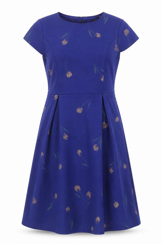 Front view of Real Form women’s blue floral polyester shift, size UK 12, round neck zip
