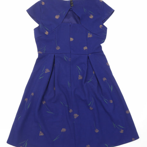 Real Form Womens Blue Floral Polyester Shift Size 12 Round Neck Zip