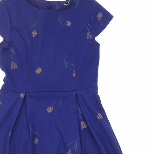 Real Form Womens Blue Floral Polyester Shift Size 12 Round Neck Zip
