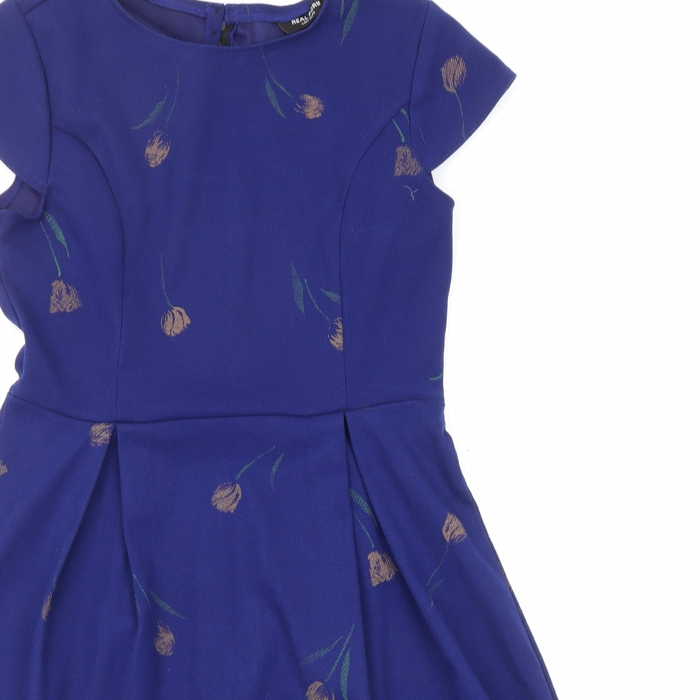 Real Form Womens Blue Floral Polyester Shift Size 12 Round Neck Zip