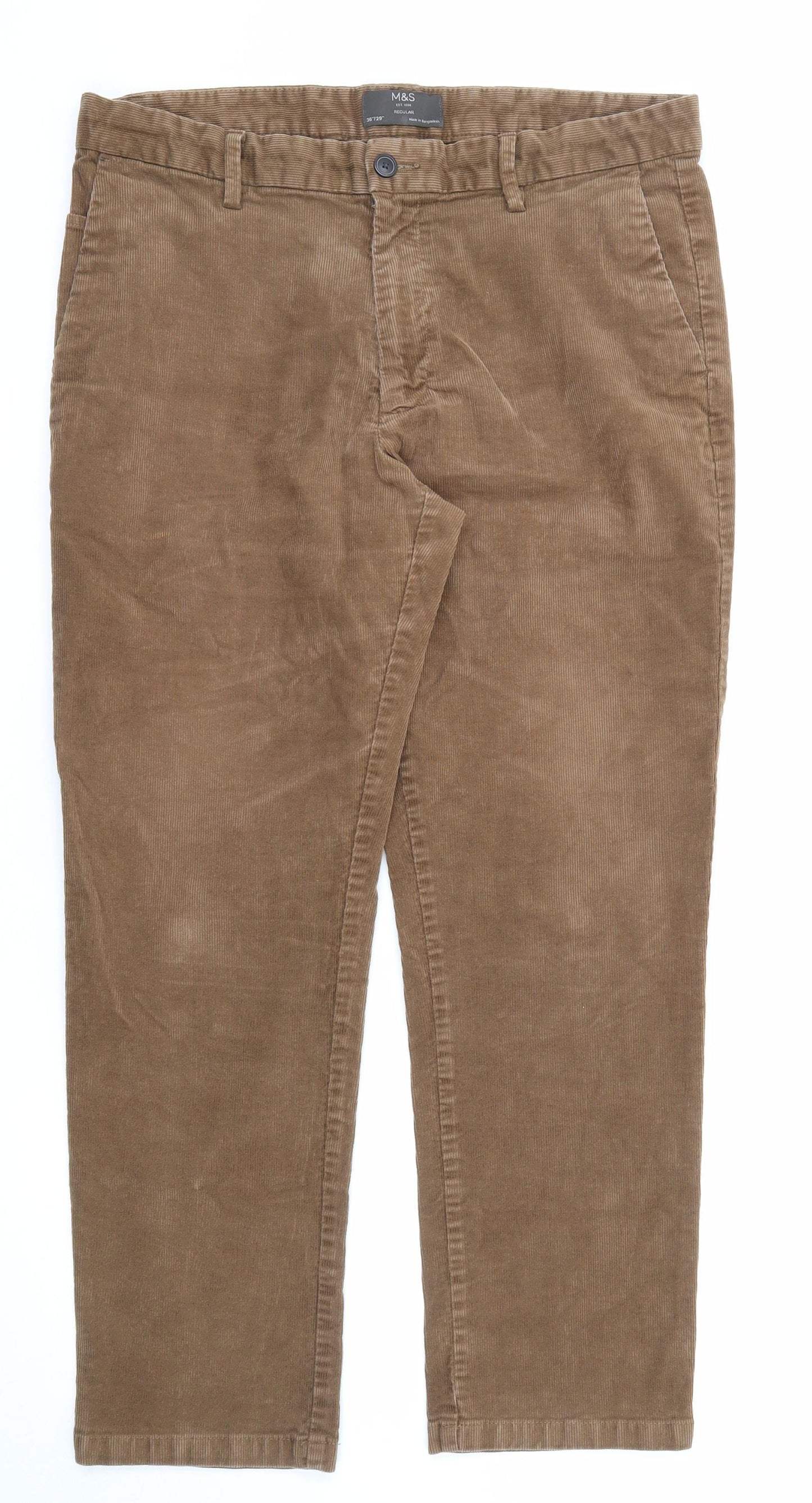 Marks and Spencer Mens Brown Cotton Trousers Size 36 in L29 in Regular Zip