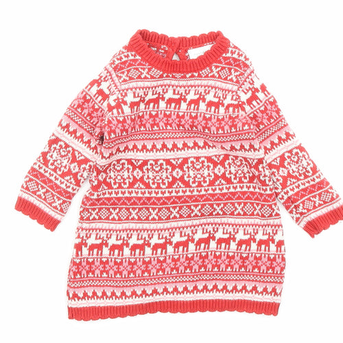 NEXT Girls Red Fair Isle Cotton Jumper Dress Size 3-6 Months Crew Neck Button