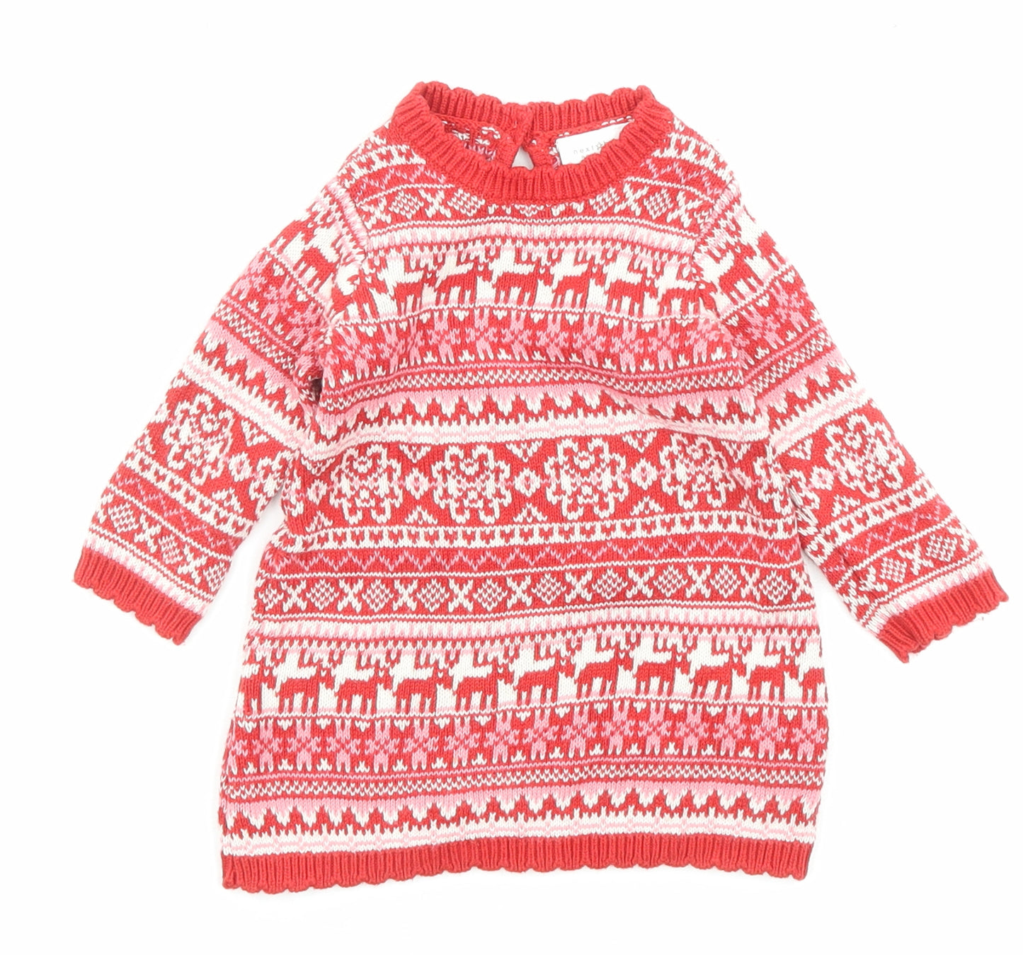NEXT Girls Red Fair Isle Cotton Jumper Dress Size 3-6 Months Crew Neck Button