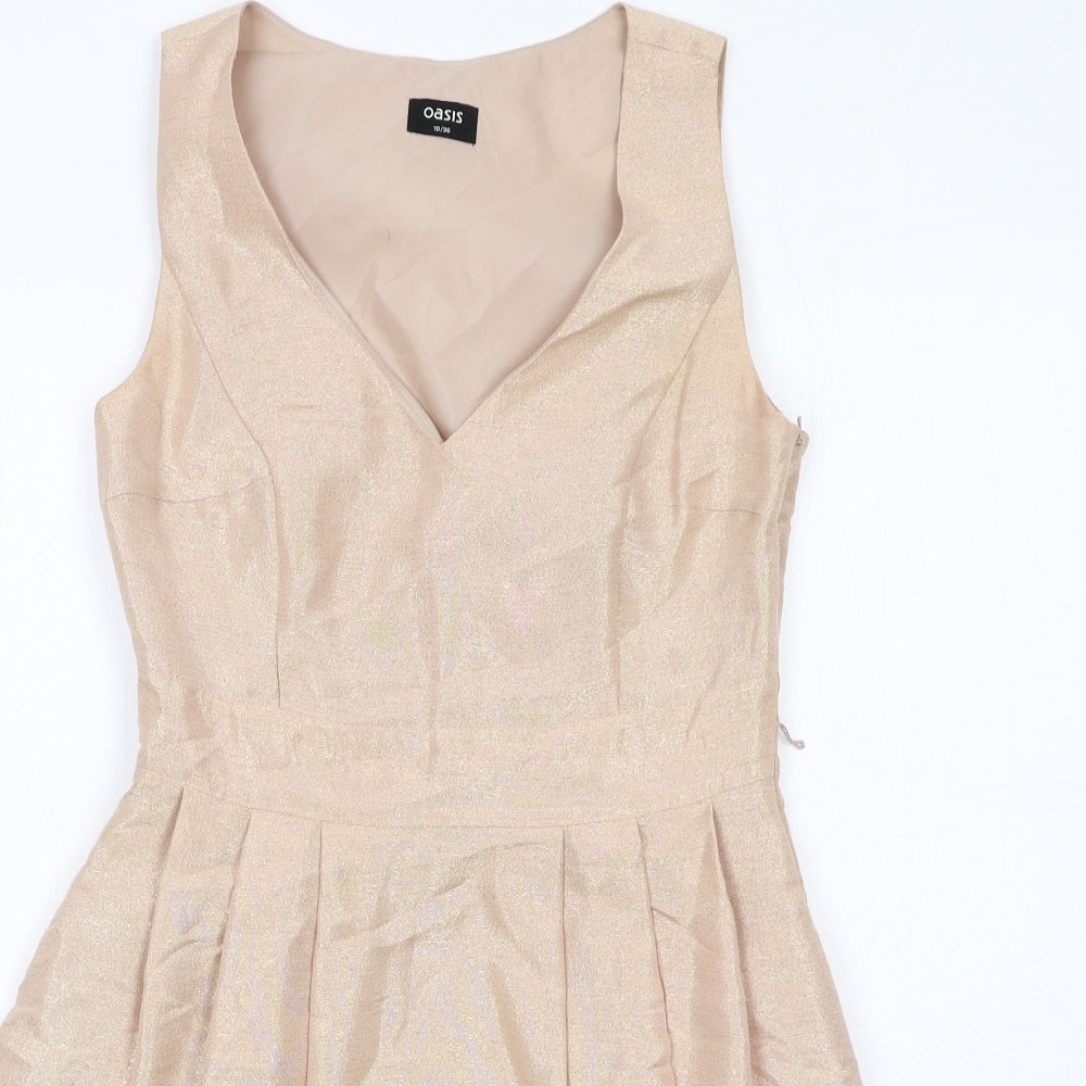 Oasis Womens Beige Viscose Fit & Flare Size 10 V-Neck Zip