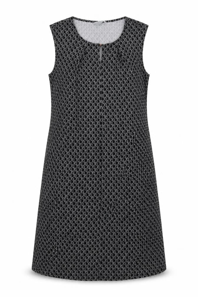 Front view of H&M women’s black geometric polyester a-line, size S, round neck button