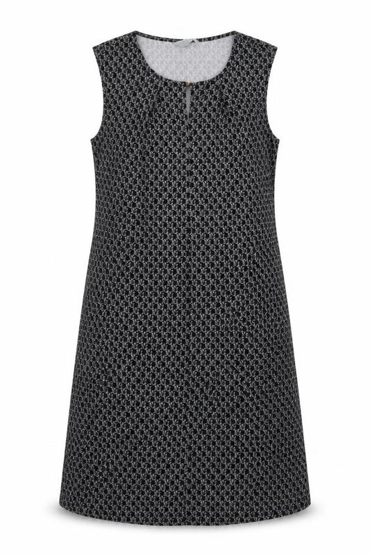 Front view of H&M women’s black geometric polyester a-line, size S, round neck button