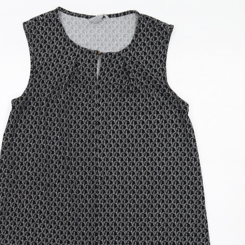 H&M Womens Black Geometric Polyester A-Line Size S Round Neck Button