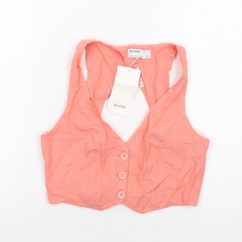 Bershka Womens Pink Cotton Cropped Button-Up Size S V-Neck