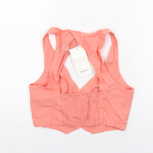 Bershka Womens Pink Cotton Cropped Button-Up Size S V-Neck