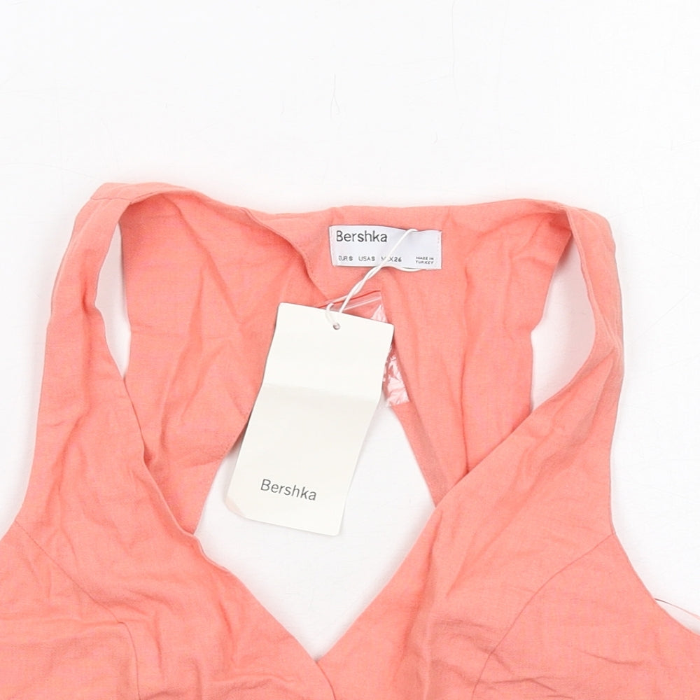 Bershka Womens Pink Cotton Cropped Button-Up Size S V-Neck