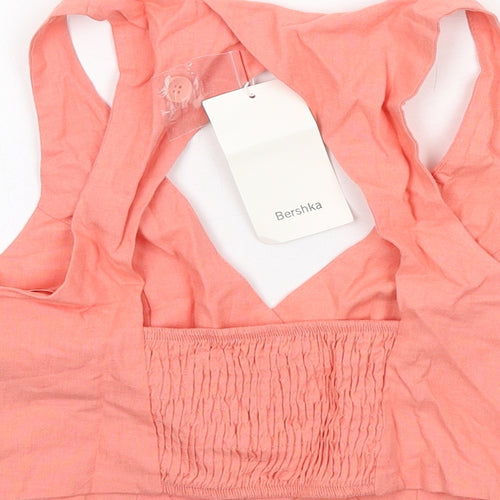 Bershka Womens Pink Cotton Cropped Button-Up Size S V-Neck