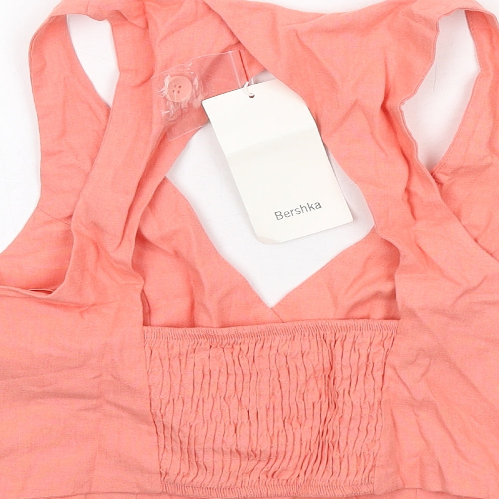 Bershka Womens Pink Cotton Cropped Button-Up Size S V-Neck