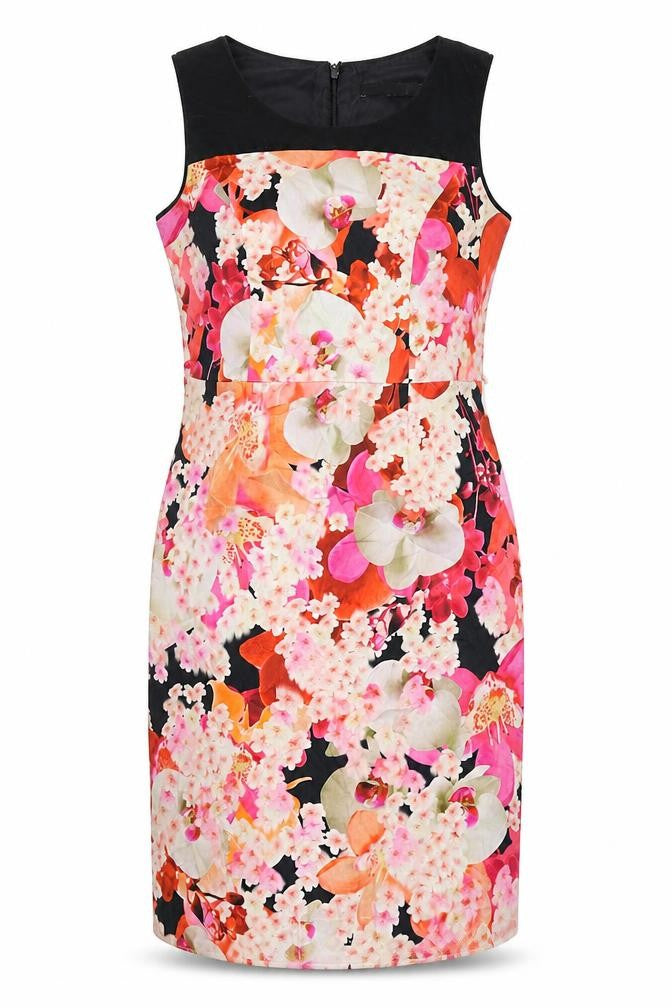 Front view of Julien Macdonald women’s multicoloured floral cotton shift, size UK 14, round neck zip