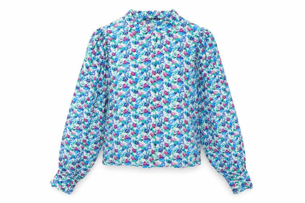 Zara Womens Multicoloured Geometric Viscose Basic Button-Up Size XL Round Neck