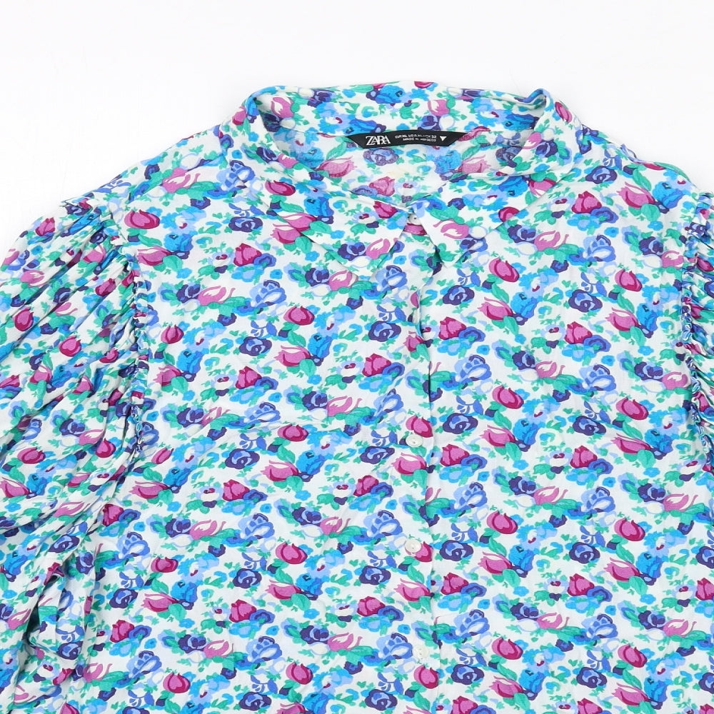 Zara Womens Multicoloured Geometric Viscose Basic Button-Up Size XL Round Neck