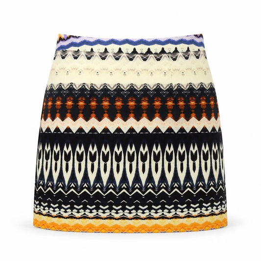 Front view of Missguided women’s multicoloured geometric polyester a-line skirt, size UK 8, zip