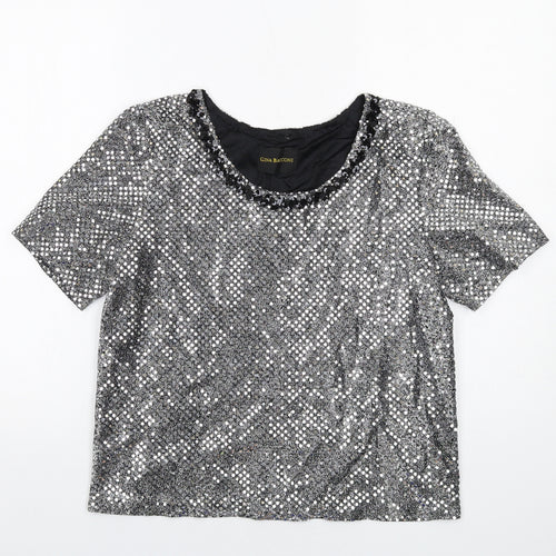 Gina Bacconi Womens Silver Polyamide Basic T-Shirt Size 10 Round Neck