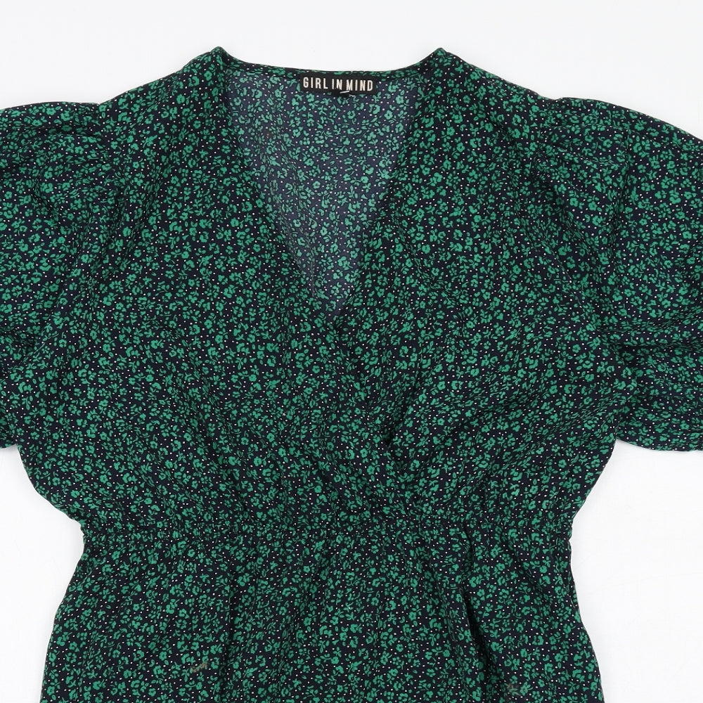 Girl in Mind Womens Green Floral Polyester A-Line Size 16 V-Neck Pullover