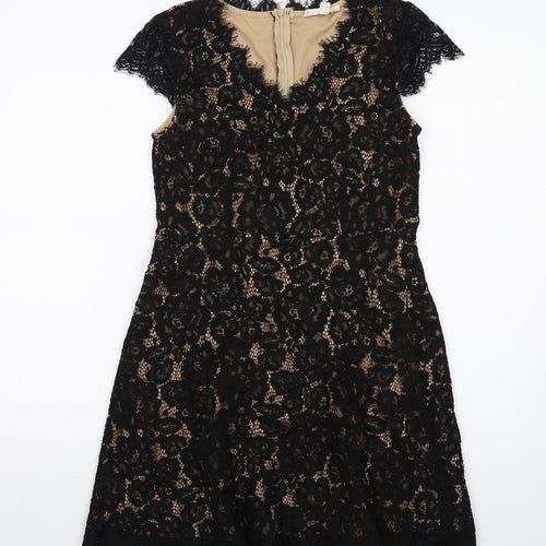 Rebellion Womens Black Floral Cotton A-Line Size M V-Neck Zip